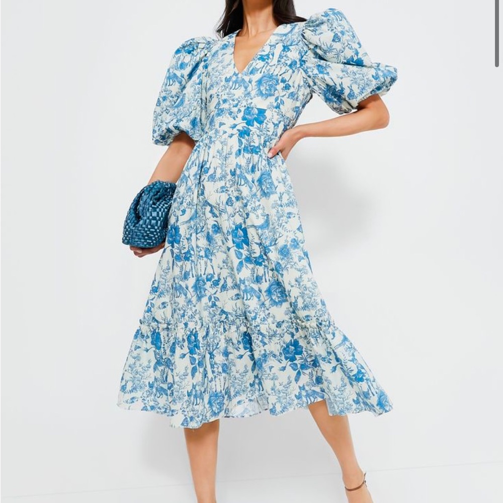 Tuckernuck Blue and White Floral Puff-Sleeve Midi Dress